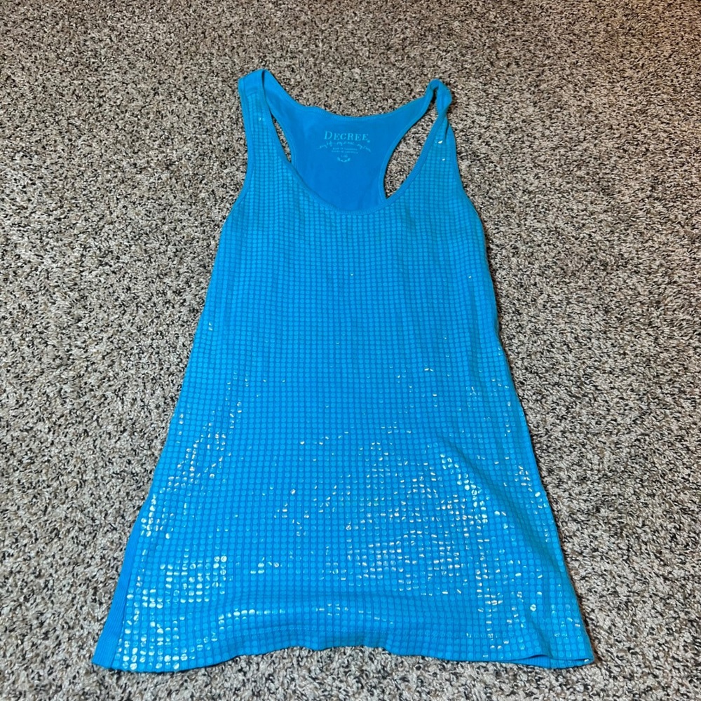 Decree Sequin Tank Top Sleeveless Sparkle Casual Blue Racerback L